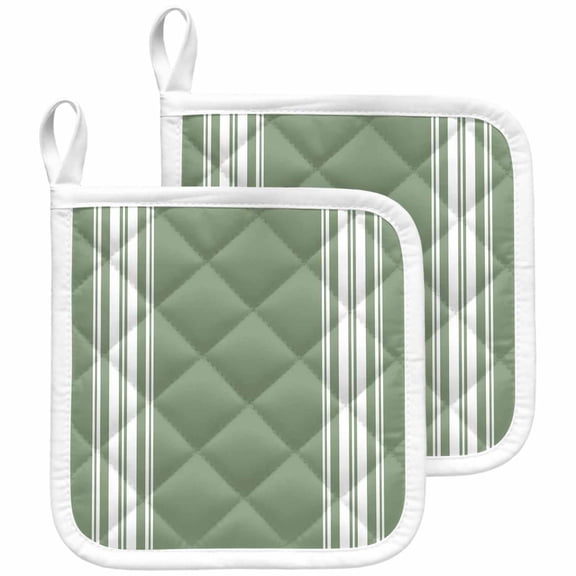 Dark Sage Green Pot Holders for Kitchen Heatproof Potholder, 2 Pack Farmhouse Sage Green White Striped Hot Pads Multipurpose Oven Pads Cloth Potholders Trivet for Cooking and Baking