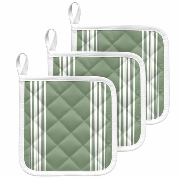 Dark Sage Green Pot Holders for Kitchen Heatproof Potholder, 3 Pack Farmhouse Sage Green White Striped Hot Pads Multipurpose Oven Pads Cloth Potholders Trivet for Cooking Baking