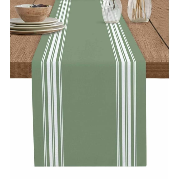 Dark Sage Green Stripes Burlap-Cotton Table Runner 72 Inches Long,Farmhouse Modern Vertical Lines Farmhouse Table Runners,Outdoor Dining Tablecloths Decor for Baby Shower/Party/Wedding 13x72