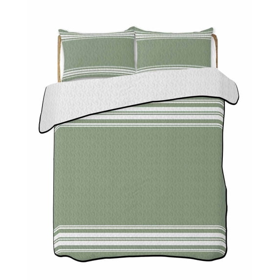 Dark Sage Green Summer Quilt Set Twin Size, Soft Microfiber Quilted Bedding Set with 2 Pillow Shams, Farmhouse Sage Green White Striped Lightweight All Season Bedspread Coverlet for Bedroom 68"x86"