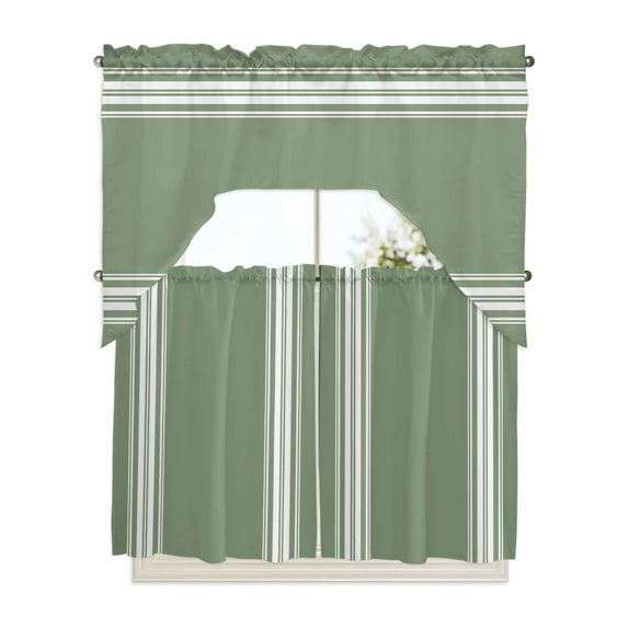 Dark Sage Green Swag Valance and Tier Curtains 36'' Length Set, Farmhouse Sage Green White Striped Light Filtering Kitchen Curtains, Tier Curtain Valances for Bathroom/Living Room/Bedroom/Café