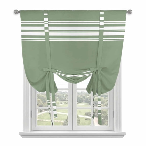 Dark Sage Green Tie Up Curtains for Kitchen Windows,Adjustable Rod Pocket Valance 45 Inch Short, Farmhouse Sage Green White Striped Window Treatment Balloon Roman Blind Shade, 42" x 45"