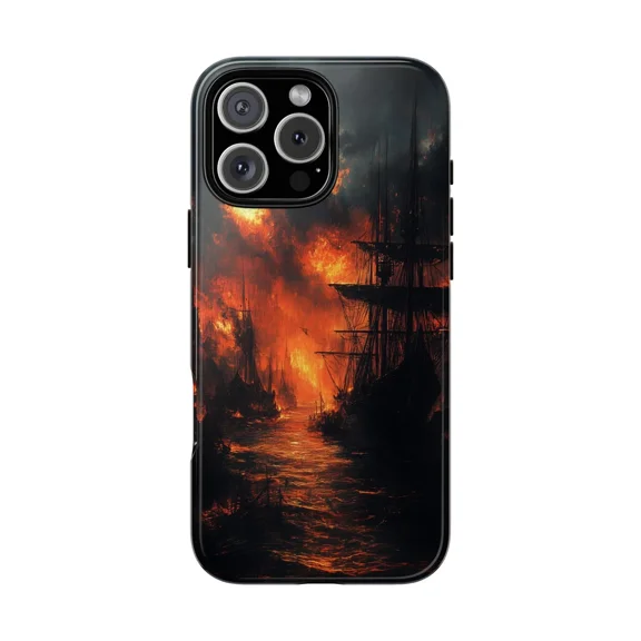 Dark Sailing Ship Fiery Sunset Scene Case for iPhone 17 through 11 Pro Max