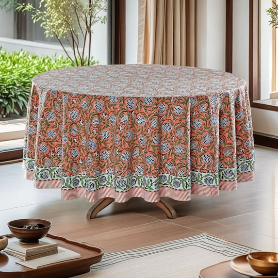 Dark Salmon Pink, Sage Green, Delft Blue Round Tablecloth, Indian Hand Block Printed Floral Cotton Tablecloth Home Decor Party Wedding Event