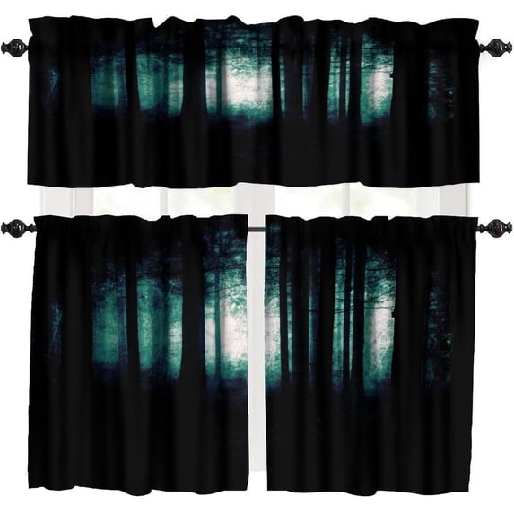 Dark Scary Forest Valance Curtain Gothic Style Horror Landscape, Halloween Rod Pocket Valance Window Treatments Short Curtains for Kitchen Living Room Decor 54x18 Inch + 27x24 Inch X 2