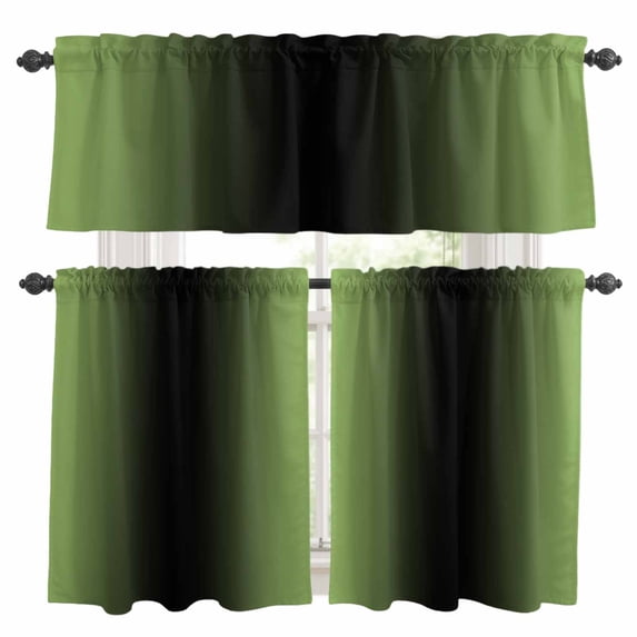 Dark Sea Green Black Ombre Kitchen Curtains Sets for Windows 24 Inch Length, Modern Gradient Abstract Art Rod Pocket Window Treatments Tier Curtains and Valances Set for Bedroom/Bathroom