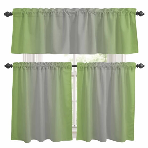 Dark Sea Green Gray Ombre Kitchen Curtains Sets for Windows 24 Inch Length, Modern Gradient Abstract Art Rod Pocket Window Treatments Tier Curtains and Valances Set for Bedroom/Bathroom