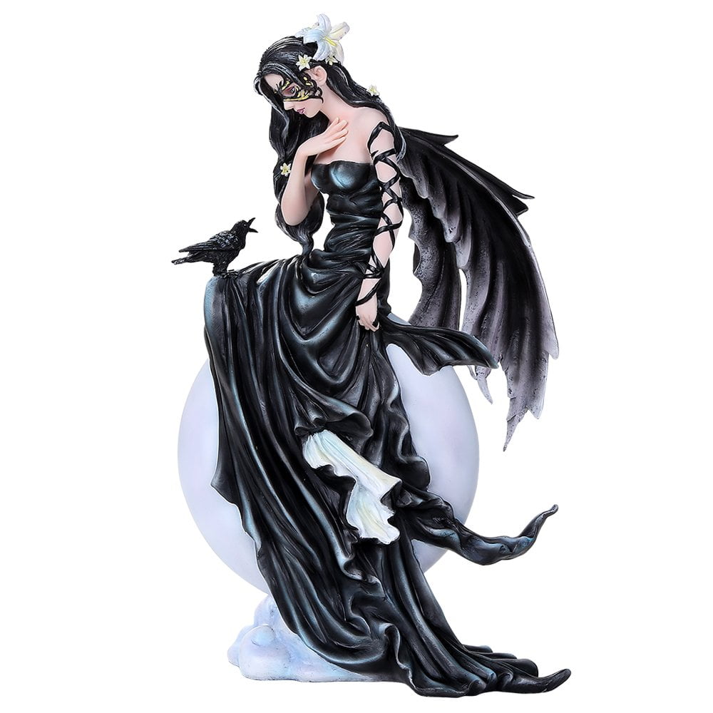 Hand-Painted Black Resin Fairy Statue with Raven