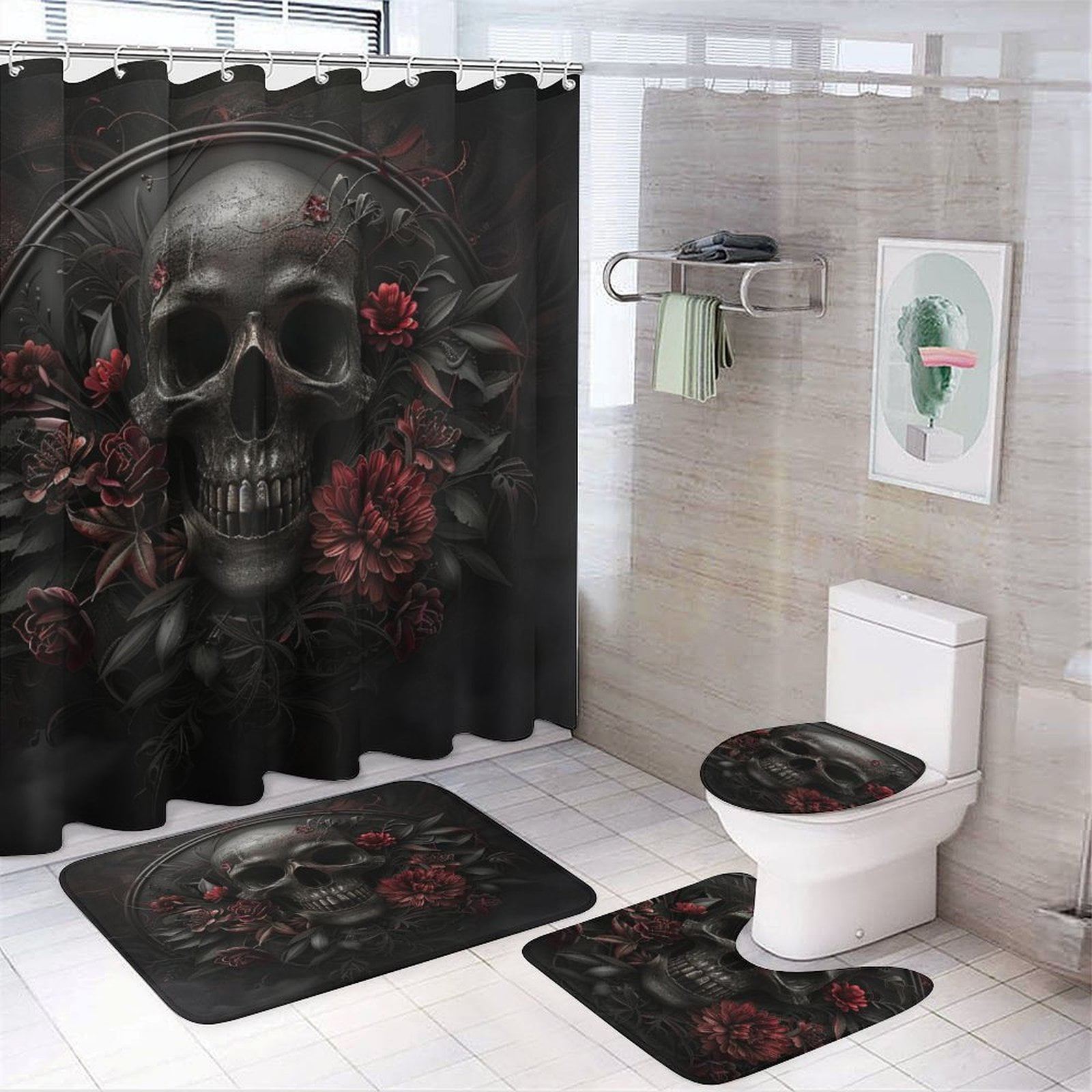 Dark Skull Flower 4 Pcs Bathroom Shower Curtain Set, Bathroom Sets with Rugs (Bath Mat, U Shape and Toilet Lid Cover Mat) and 12 Hooks,