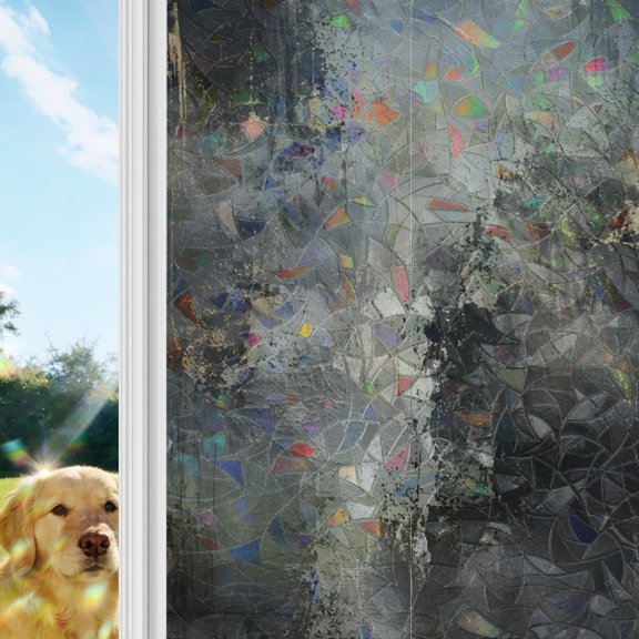 Dark Slate Clouds Rainbow Window Privacy Film, Abstract Gold Patches Rustic Black Storms Waves Stained Glass Window Film, Sun Blocking Static Cling Non Adhesive Door Stickers 17.7 x 39.3 Inches
