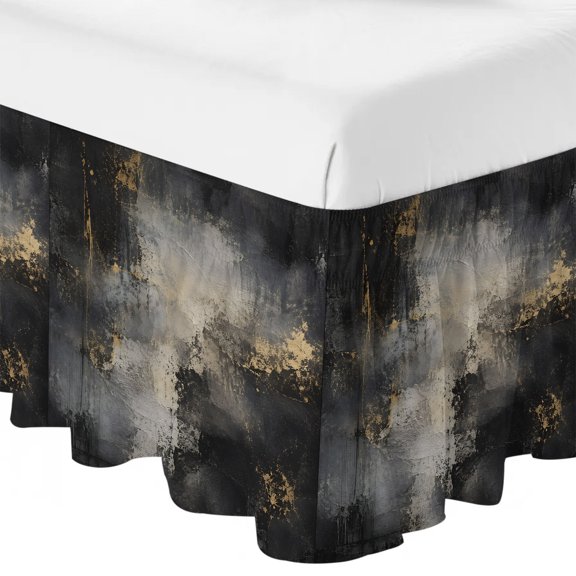 Dark Slate Clouds Ruffle Bed Skirt Queen Size Abstract Gold Patches Rustic Black Storms Waves Adjustable Elastic Dust Bed Skirts Wrap Around Bedskirt Wrinkle Free Easy Fit with 18 Inch Drop