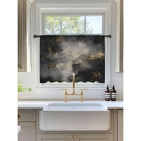 Dark Slate Clouds Sheer Curtains 54 Inch Long 1 Panel Abstract Gold Patches Rustic Black Storms Waves Rod Pocket Voile Curtains Light Filtering Small Window Treatments for Kitchen Basement 52" x 54"