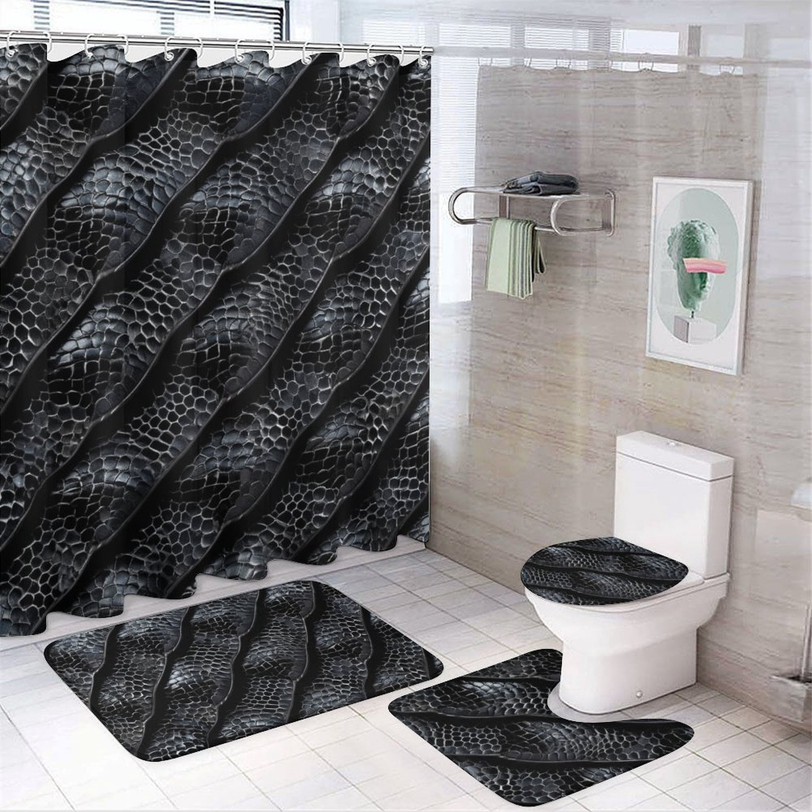 Dark Snakeskin Scale Pattern 4 Pcs Bathroom Shower Curtain Set, Bathroom Sets with Rugs (Bath Mat, U Shape and Toilet Lid Cover Mat) and 12 Hooks,