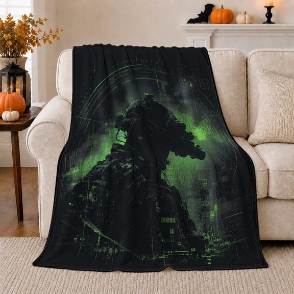 Dark Soldier Silhouette in Green Smoke, Dramatic Graphic Style for Action Fans, Tactical Sci Fi Scene and Father's Day Gift, Warm Flannel Blanket for Game Room and Dorm, Home Decor
