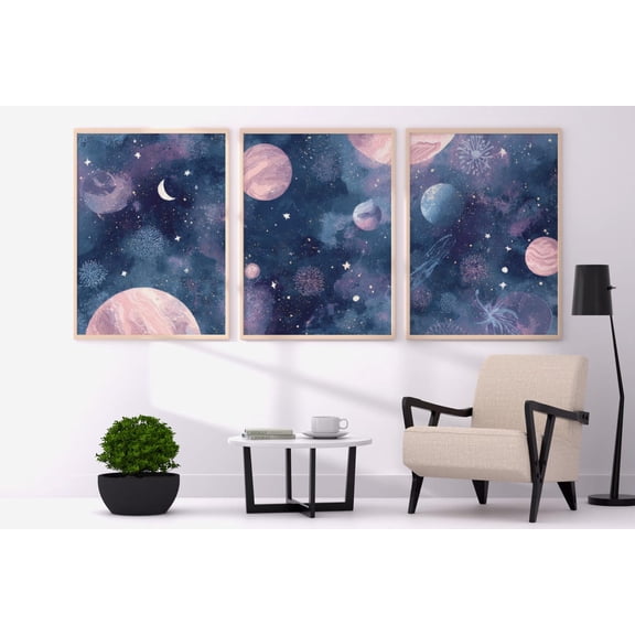 Dark Space Triptych, Cosmic Wall Art with Planets & Stars Poster Printed Poster, Stretched Canvas