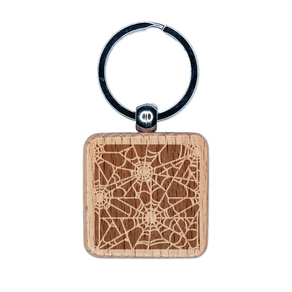 Dark Spider Web Pattern Square Keychain Charm Tag - Engraved Wood