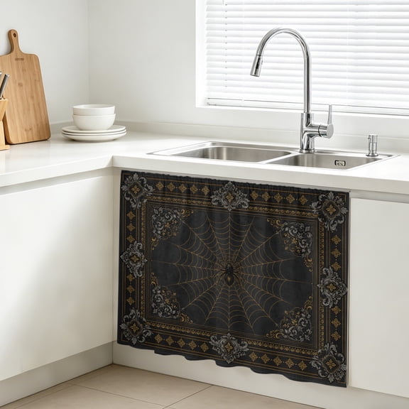 Dark Spiders Cabinet Curtain, Vintage Brown Web Insects Damask Border Sink Skirt for Bathroom, Under Sink shelf Curtain Privacy Drape for Kitchen Laundry Room 10x11in