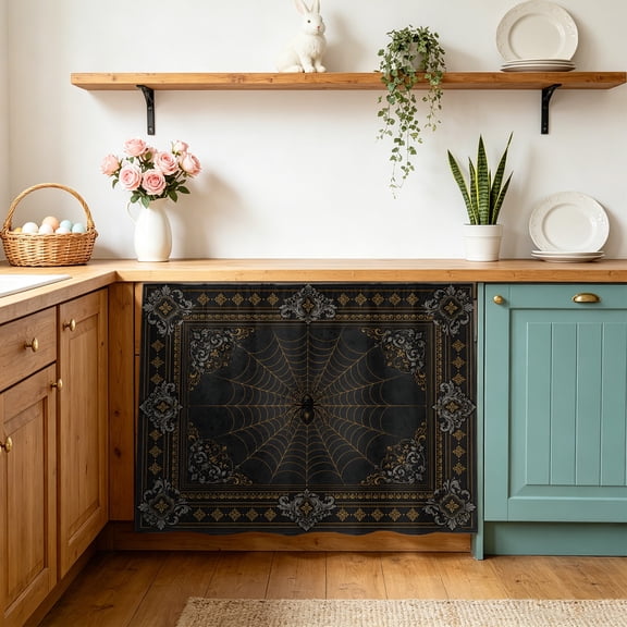 Dark Spiders Cabinet Curtains 10" W x 11" L Vintage Brown Web Insects Damask Border Waterproof Adhesive Kitchen Under Sink Curtain Dust-Proof Dishwasher Skirt for Closet