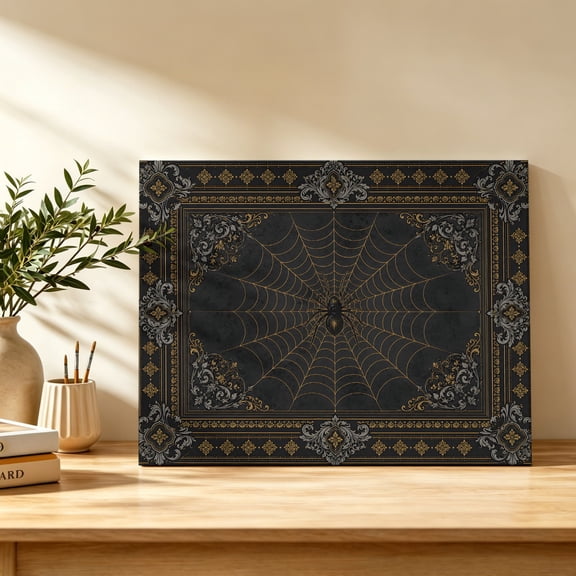Dark Spiders Canvas Wall Art, Vintage Brown Web Insects Damask Border Wall Art Prints Artwork Framed Canvas Ready to Hang Art Pictures for Bathroom Bedroom Entry Desk Corner 10" x 8"