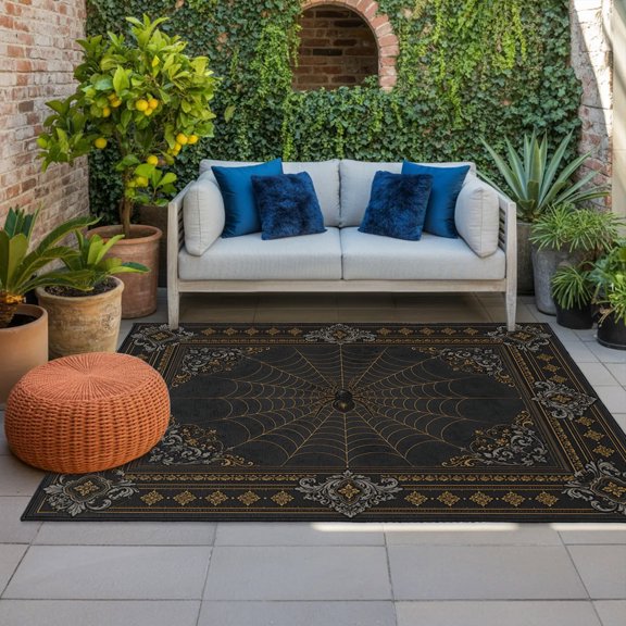 Dark Spiders Indoor Outdoor Rugs 3x5 Ft, Vintage Brown Web Insects Damask Border Outdoor Patio Rugs Mat Washable Outside Area Rugs Carpet for Porch Deck RV Camping Pool Balcony Backyard