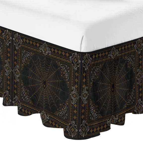 Dark Spiders Ruffle Bed Skirt Queen Size Vintage Brown Web Insects Damask Border Adjustable Elastic Dust Bed Skirts Wrap Around Bedskirt Wrinkle Free Easy Fit with 16 Inch Drop
