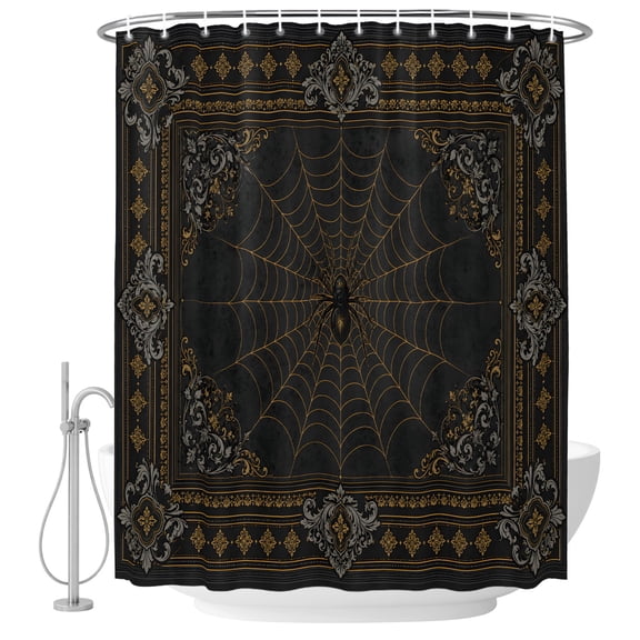 Dark Spiders Shower Curtain for Bathroom, Vintage Brown Web Insects Damask Border Waterproof Cloth Fabric Bathroom Accessories Set with 12 Rust Proof Plastic Hooks, 72"x84"