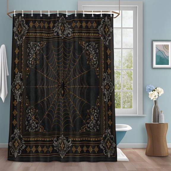 Dark Spiders Shower Curtain Set with Hooks, Vintage Brown Web Insects Damask Border Water Repellent Sturdy Shower Curtains for Bathroom Decoration, Machine Washable 72x84 Inch