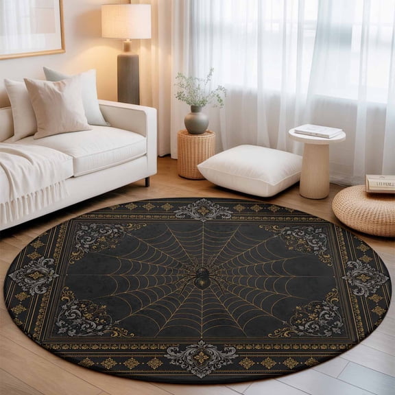 Dark Spiders Small Round Rug 3Ft Vintage Brown Web Insects Damask Border Area Rugs Washable Non Slip Indoor Floor Mats Circle Carpet for Living Room Bedroom Dining Room Home Decor