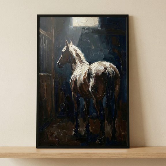 Dark Stable Pinto Horse Moody Equestrian Textured Rustic Brown And White Decorative Nursery Poster , Poster Print Only