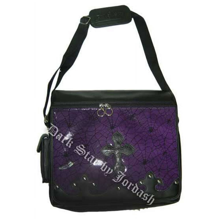 Dark Star Purple Gothic PVC Coffin Cross Messenger Bag Purse, Size: 16 Inches in Length, 12 Inches in Width, and 3 1/2 Inches in Depth