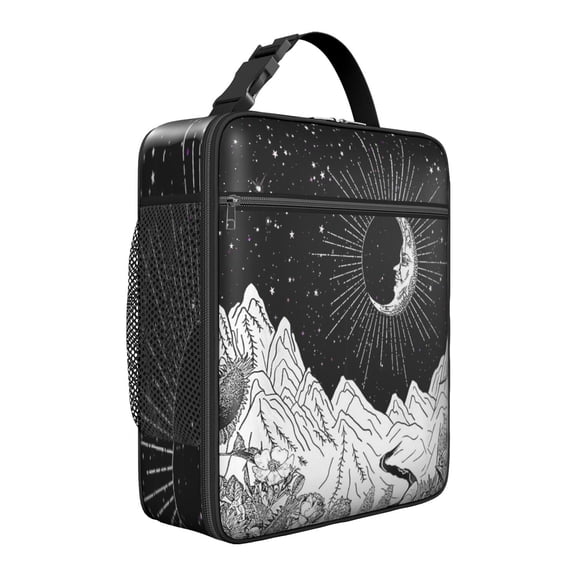 Dark Starry Night Gothic Lunch Box: Constellation Pattern with Gold Accents - Insulated Reusable Bag, Leakproof Cooler Tote with Zipper Closure