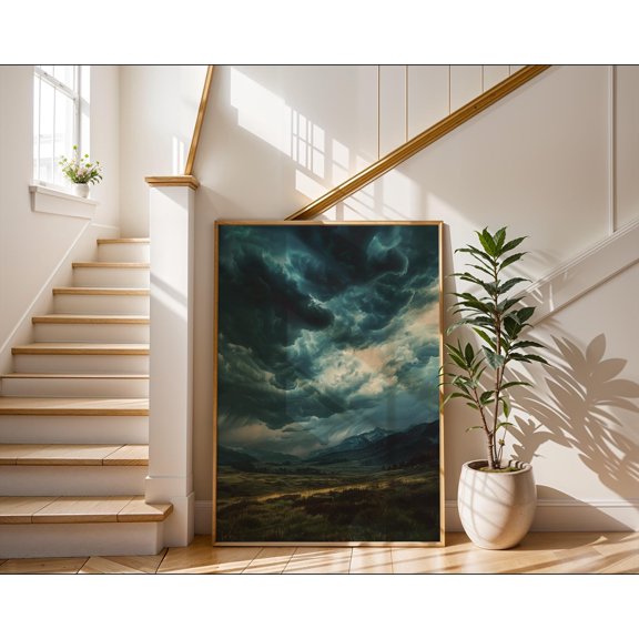 Dark Storm Clouds Over Mountains , Dramatic Landscape Wall Art , Poster Print Only