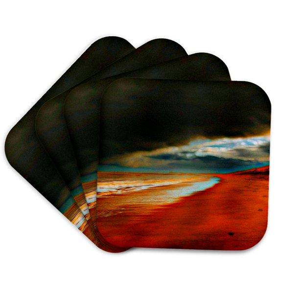 3drose, Dark Stormy Beach Image of Light Infused Painting, Set of 4 Coasters - Soft