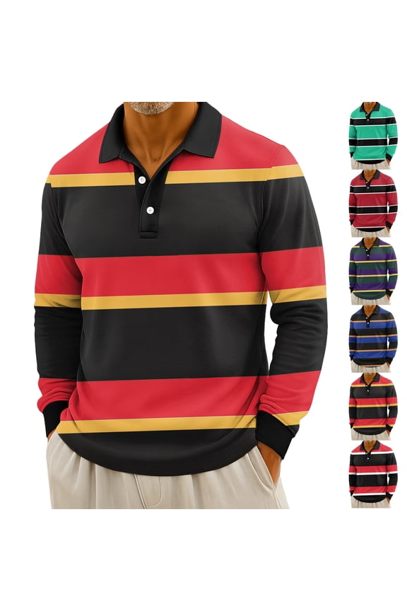 Dark Striped Henley Collar Pullover, Men's Casual Striped Print Button Up Long Sleeve Polo Shirt for Fall Winter, Layering and Streetwear,Black,L