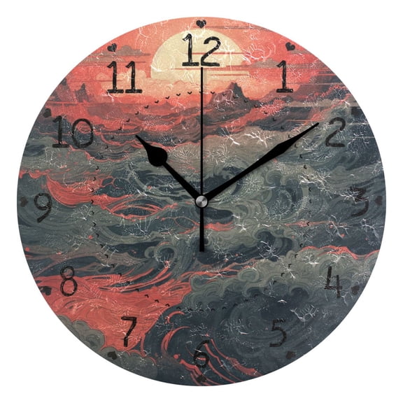 Dark Style Waves Round Wall Clock Silent Battery Operated Home Decor for Living Room Bedroom