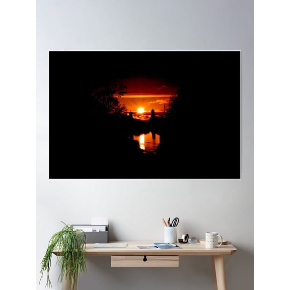 Dark Sunrise Over Distillery And Water Poster Wall Art, Modern Wall Decor For Living Room Bedroom, 8x12 UNFRAMED