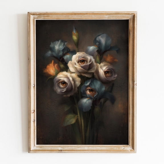 Dark Surreal Floral Poster, Rose Iris Wall Art Print, Moody Botanical Aesthetic Decor, Vintage Gothic Illustration Artwork, 4 Sizes, Unframed Poster