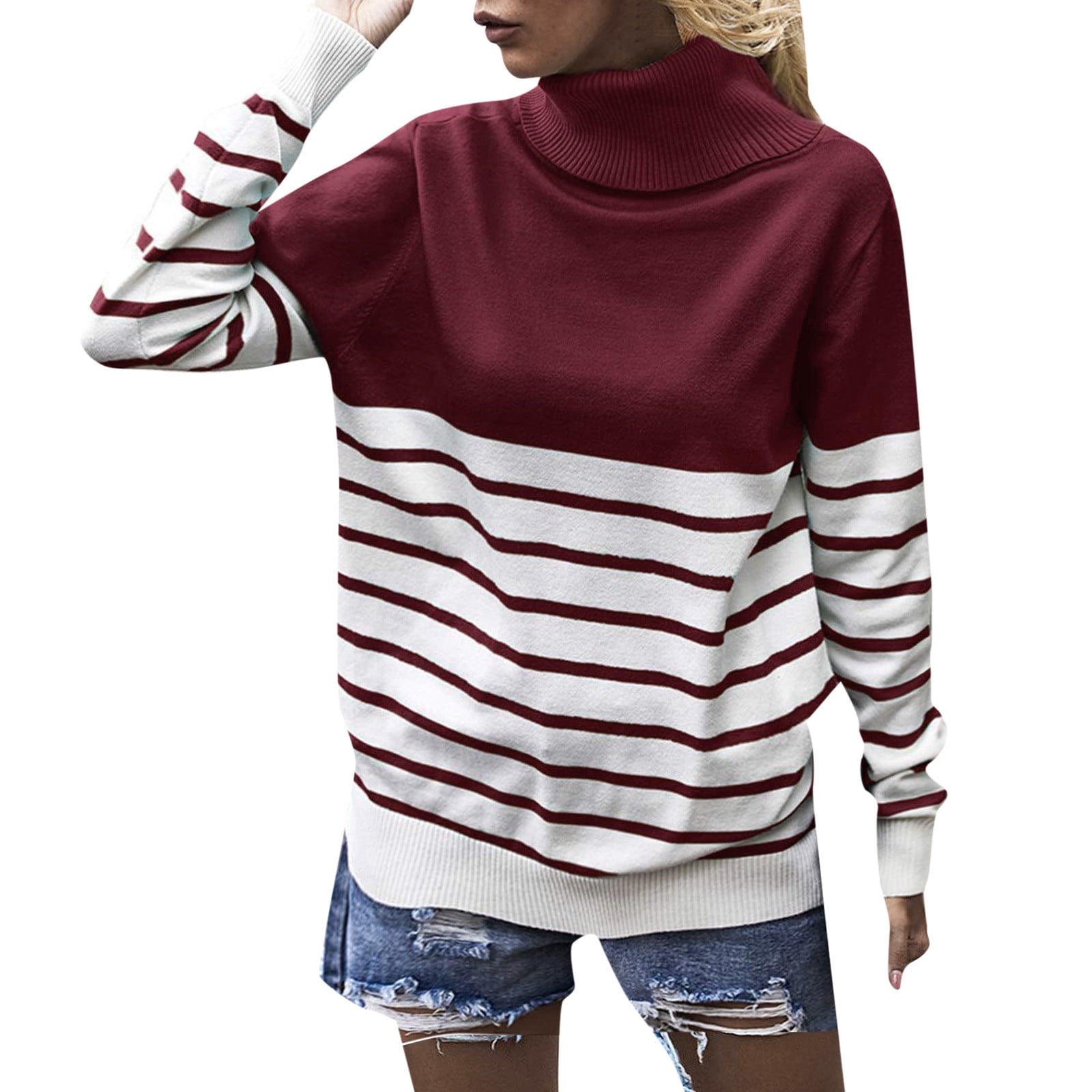 Dark Sweaters Women Turtleneck Long Sleeve Pullover Top Colorblock