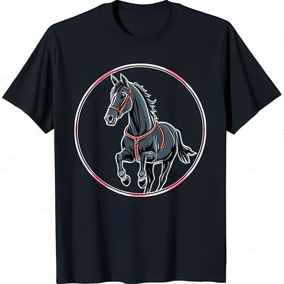 Dark T-Shirt with Detailed Black Horse Running in Red Circle Design