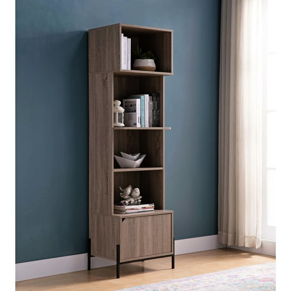 Dark Taupe Bakers Rack For Kitchen Functionality - Display Storage Cabinet 4 Open Shelves, 1 Door Handle Microwave Fitment Up To 20"w X 14"d Appliance 10lb Max Shelf Weight Cabinet, Four Shelves And