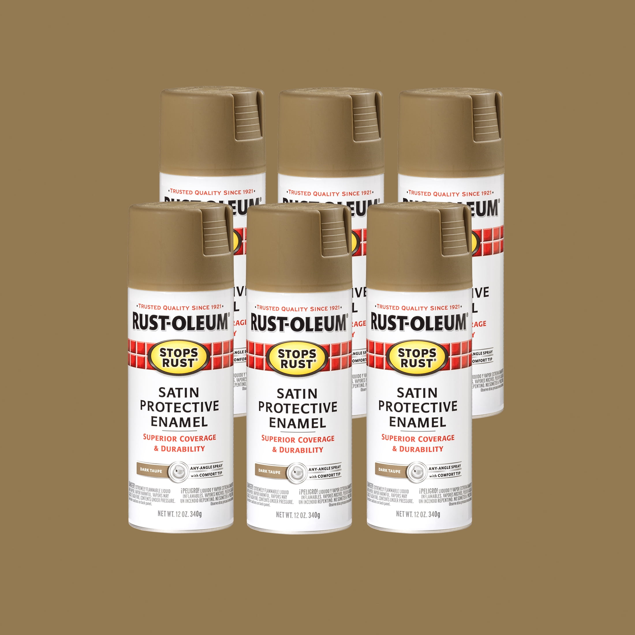 6 Pack, Dark Taupe, Rust-Oleum Stops Rust Satin Protective Enamel Spray Paint-241238, 12 oz