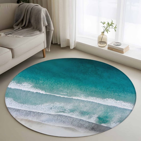 Dark Teal Beach 3ft Area Rug, Summer Sea Waves Coastal Nautical Washable Non-Slip Small Round Rugs for Entryway Bedroom Kitchen, Soft Circle Carpet for Dining Room, Playroom Nursery Rug