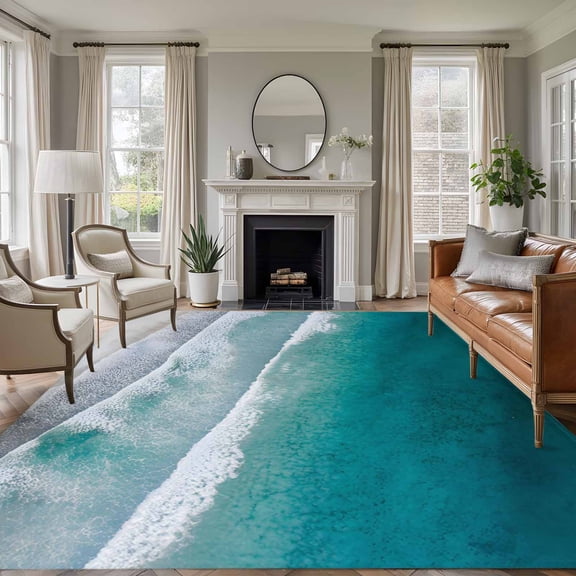 Dark Teal Beach 6'x9' Area Rug for Living Room, Summer Sea Waves Coastal Nautical Non-Slip Floor Mat Rugs for Bedroom Dining Room, Indoor Large Carpet for Classroom, Nursery Rugs for Playroom