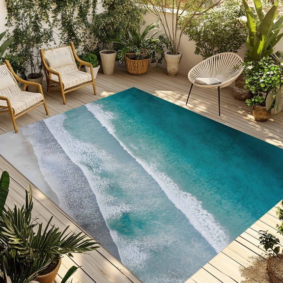 Dark Teal Beach Outdoor Rug for Patio/Deck/Porch, Non-Slip Large Area Rug 3 x 5 Ft, Summer Sea Waves Coastal Nautical Indoor Outdoor Rugs Washable Area Rugs, Reversible Camping Rug Carpet Runner