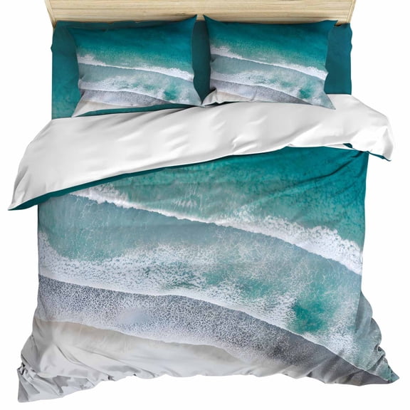 Dark Teal Beach Set of 4 Bedding Quilt Covers, Summer Sea Waves Coastal Nautical 4-Piece Bed Sheet Set with Extra Soft Bed Sheets Quilt Cover Pillowcase, California King
