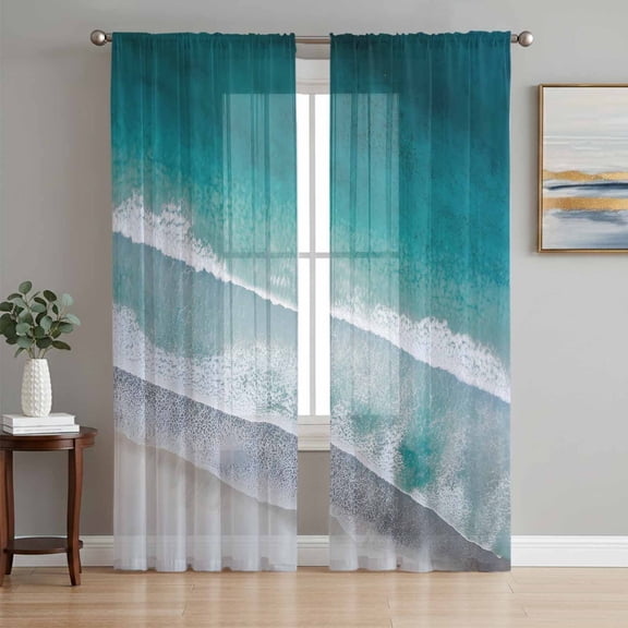 Dark Teal Beach Sheer Curtains 96 Inch Length 2 Panels Set for Living Room/Bedroom, Summer Sea Waves Coastal Nautical Semi Curtain Sheers Drapes Rod Pocket Curtains Window Treatment Set 52''x96''x2