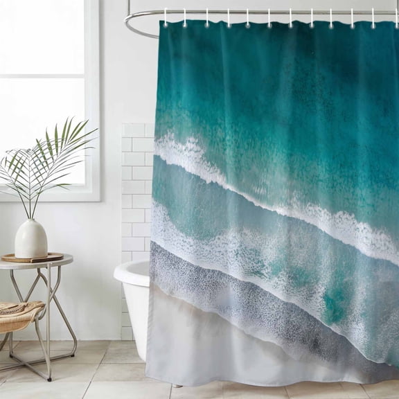 Dark Teal Beach Shower Curtain Set, Waterproof Shower Curtains for Bathroom, Summer Sea Waves Coastal Nautical Washable Fabric Cloth Bath Curtain for Bathtub Decoration with Hooks 48x72 Inches