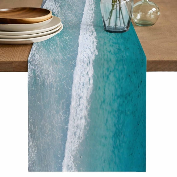Dark Teal Beach Table Runner 72 Inches, Summer Sea Waves Coastal Nautical Bed Runner Dresser Scarves Tabletop for Indoor Outdoor Parties/Ceremony/Banquet, 14" x 72"