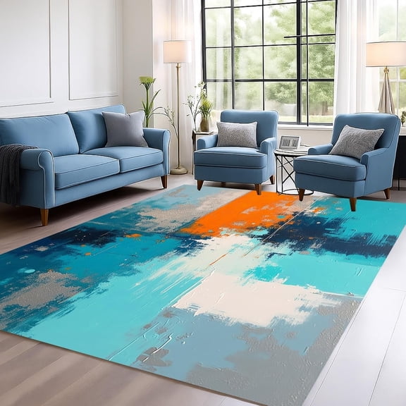 Dark Teal Blue Gray Area Rugs, Contemporary Abstract Art Design Carpet, Washable Non Slip Low Pile Rug for Living Room Bedroom Office Decor Mat 3x5ft