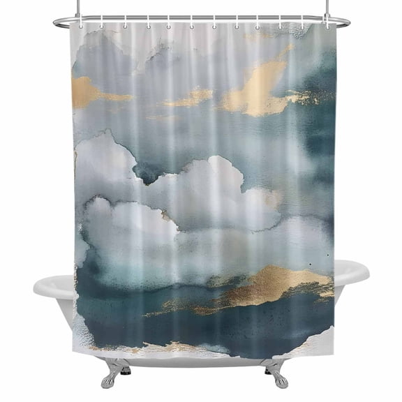 Dark Teal Blue Textured Shower Curtain Set with Hooks, Watercolor Abstract Sky Modern Art Waterproof Fabric Bathroom Curtains Decor Home Accessories,72 X 72 Inch Long